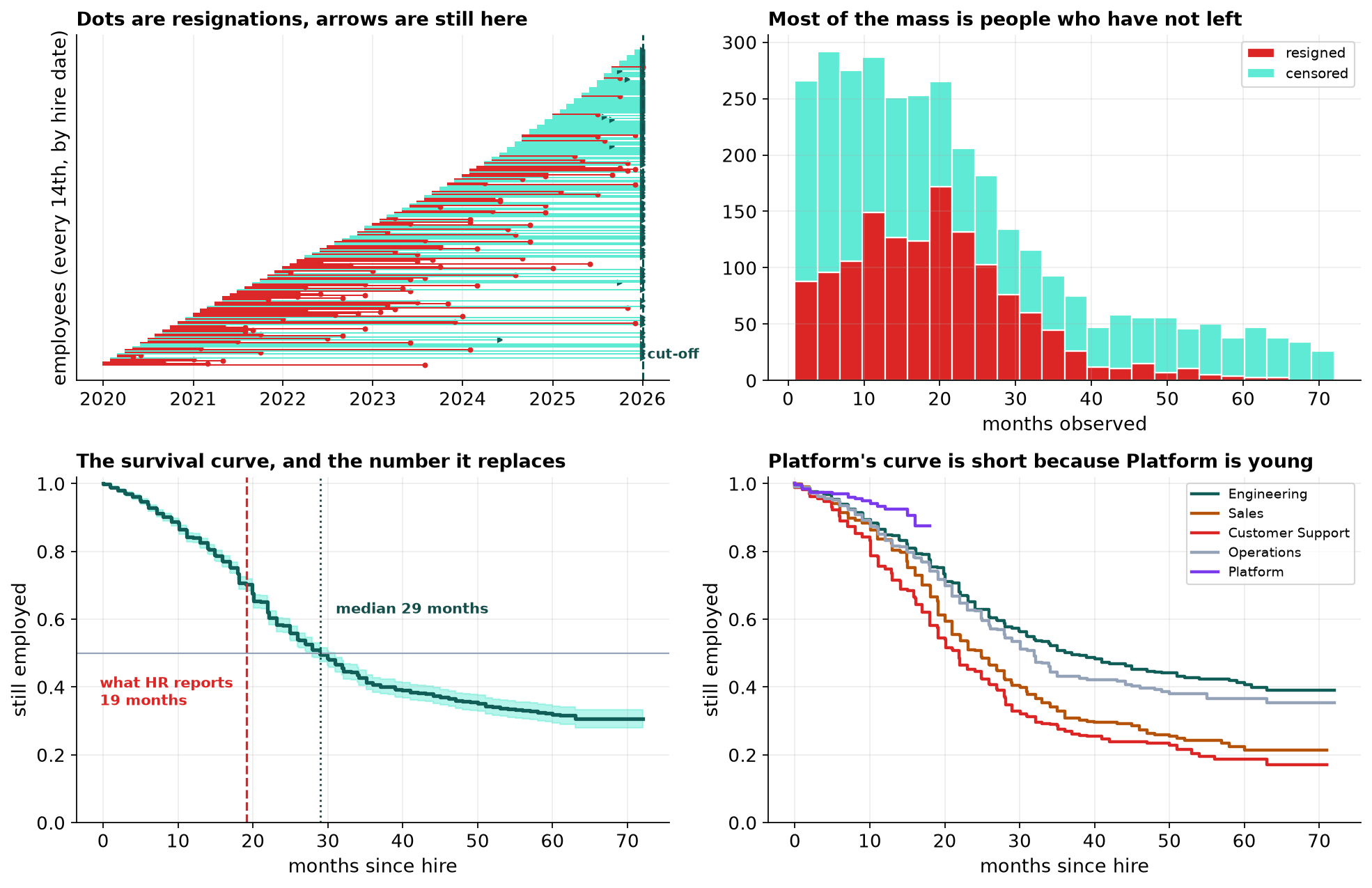 Four panels. Top left: a sample of employees drawn as horizontal lines from hire date to either a resignation dot or the cut-off arrow, forming a triangular shape with a hard vertical edge at the January 2026 cut-off. Top right: a stacked histogram of months observed, split into resigned and censored, where the censored portion dominates. Bottom left: the Kaplan-Meier survival curve with a confidence band, a dotted line at the median of 29 months and a dashed red line at the 19 months HR reports. Bottom right: five survival curves by department, with Platform's curve stopping at 18 months but sitting highest.