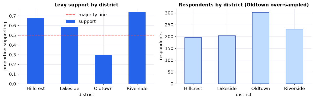 Two bar charts: levy support by district with a majority line, and the number of respondents by district showing Oldtown over-sampled